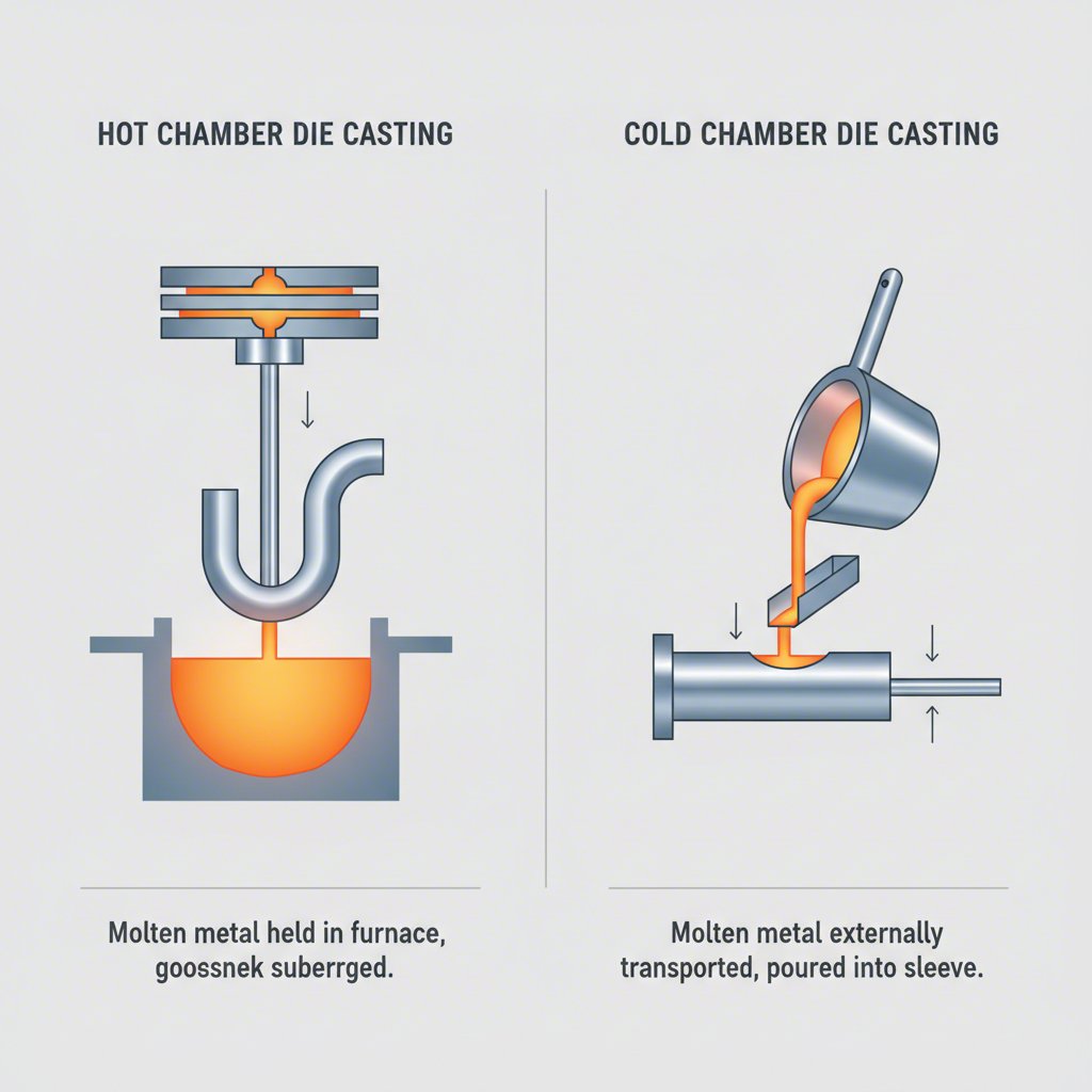 diagram illustrating the mechanical process differences between hot chamber and cold chamber die casting