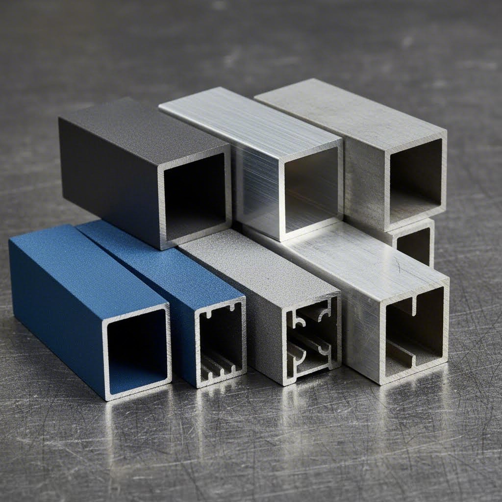 various aluminum alloy samples showing different material finishes and textures