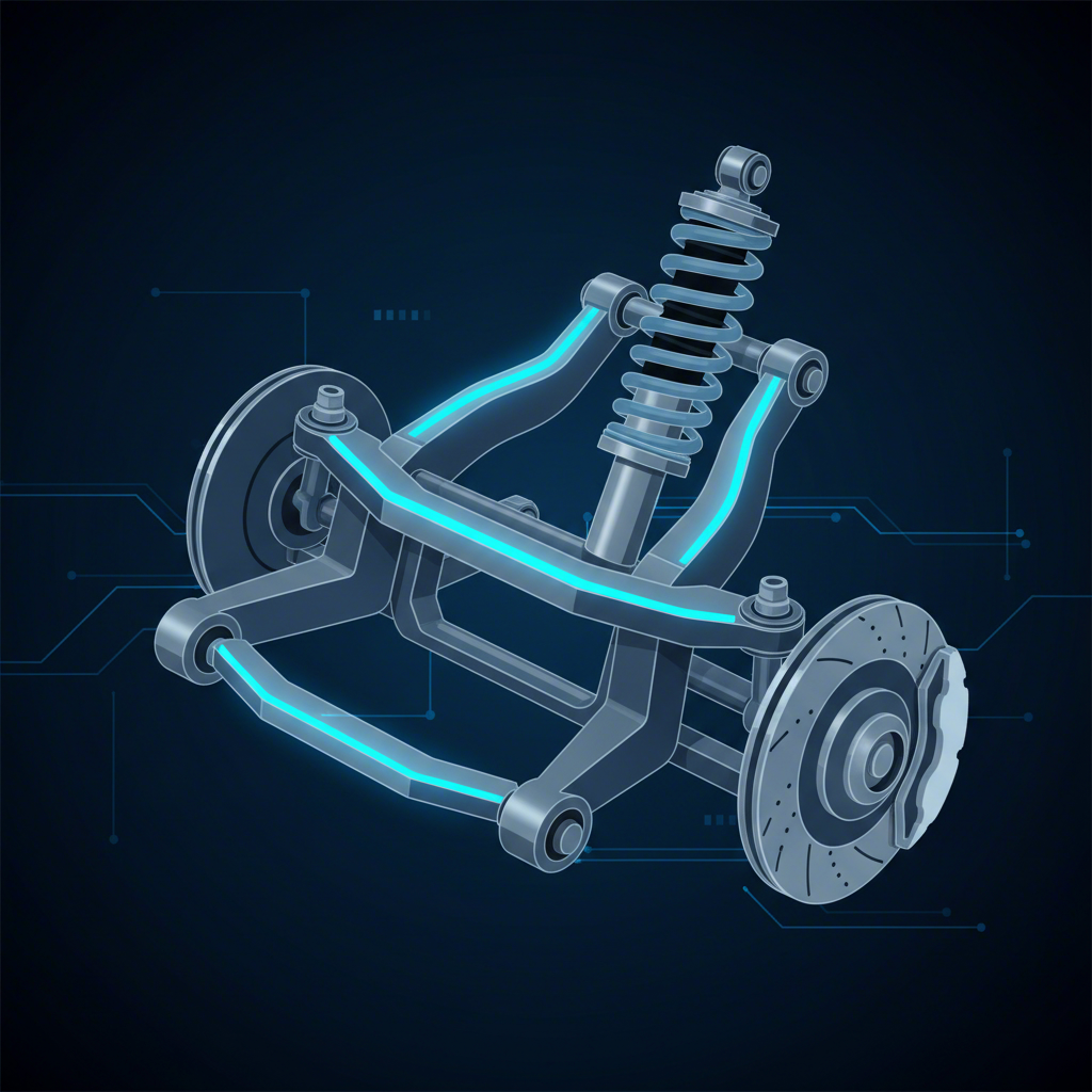 conceptual diagram of a vehicles stamped steel control arm in the suspension system