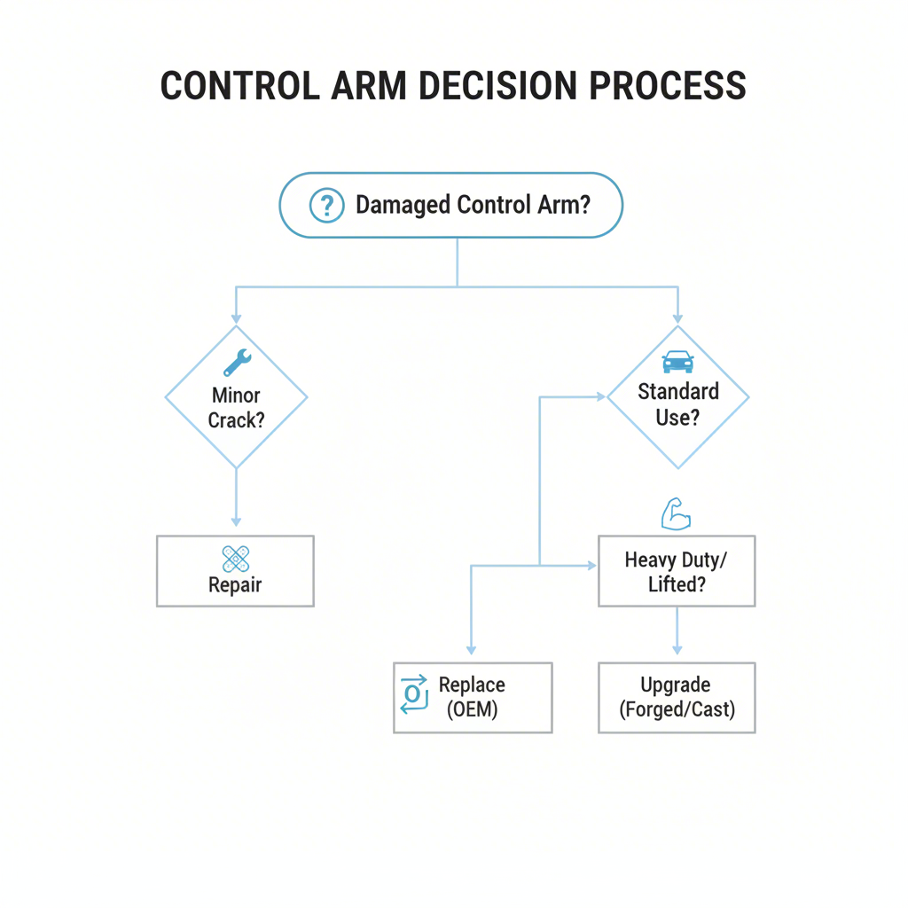 decision flowchart for choosing between control arm repair replacement or upgrade