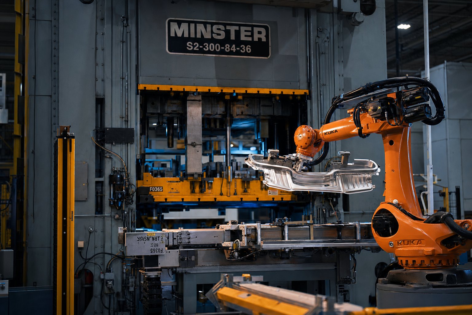 a robotic transfer system moves a formed metal workpiece between die stations inside a press line