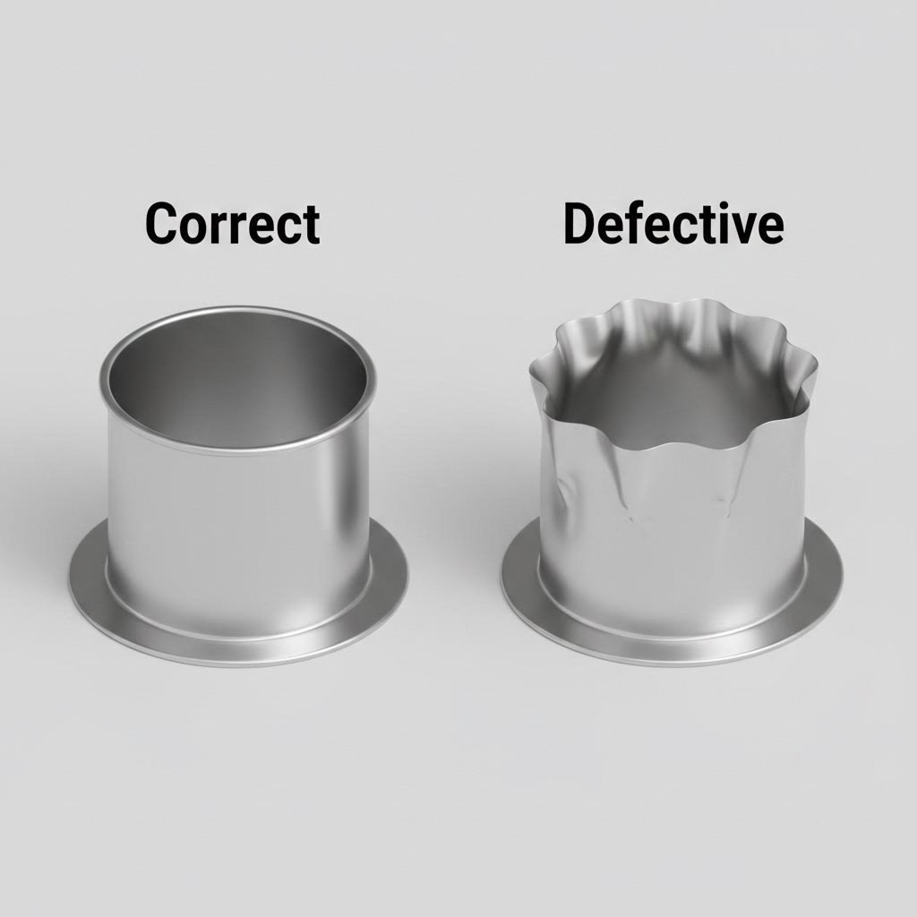 Visual comparison of a defect free drawn cup versus one with flange wrinkling