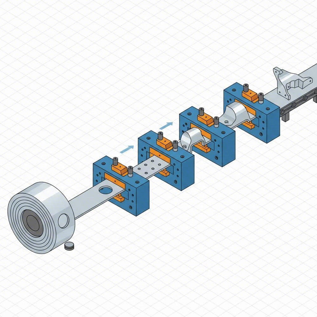 Progressive die metal stamping process diagram from coil to component