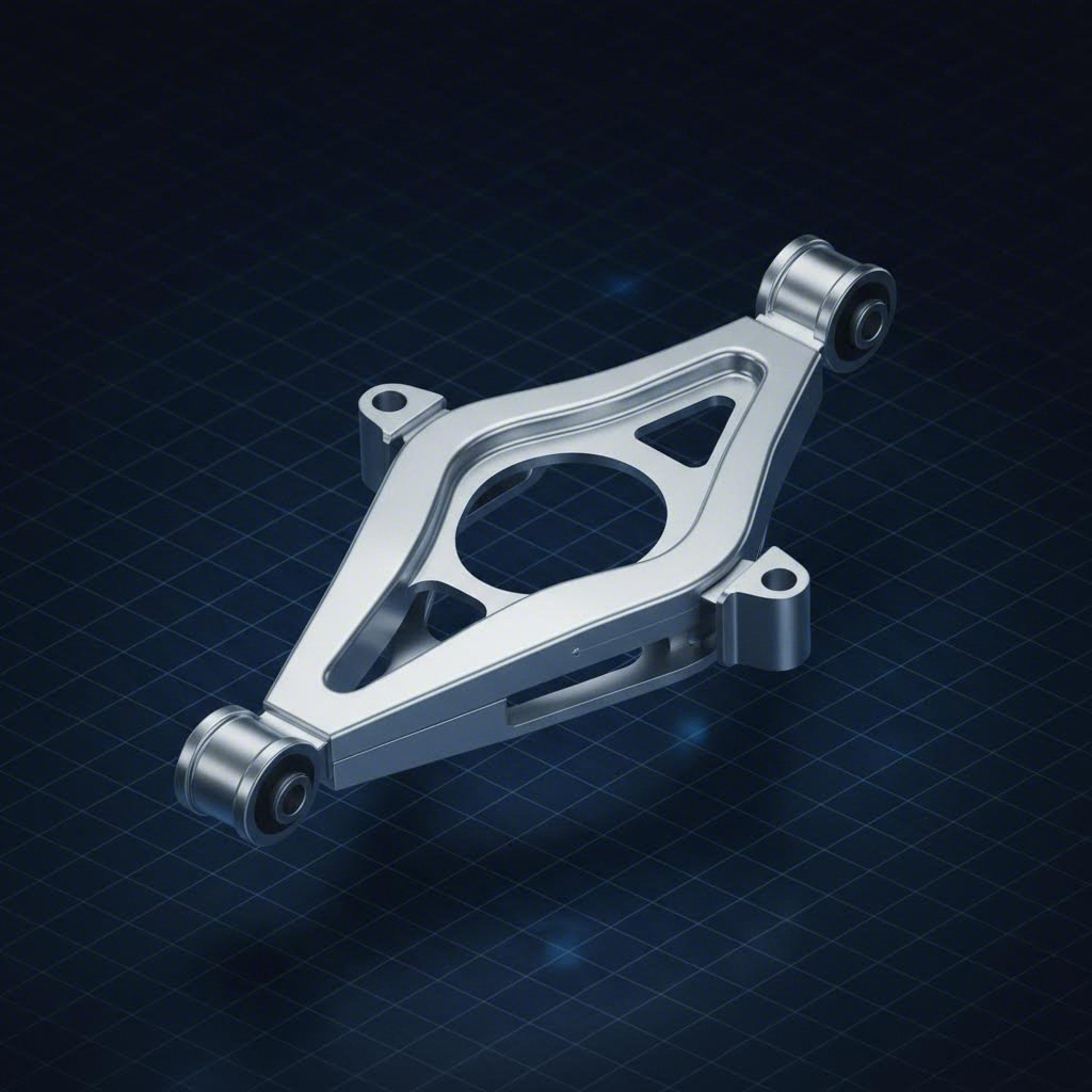 Stamped suspension control arm technical illustration with blueprint background