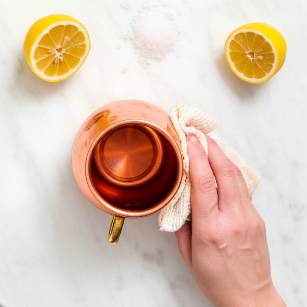 hand cleaning a copper mug using gentle natural methods to maintain shine and safety