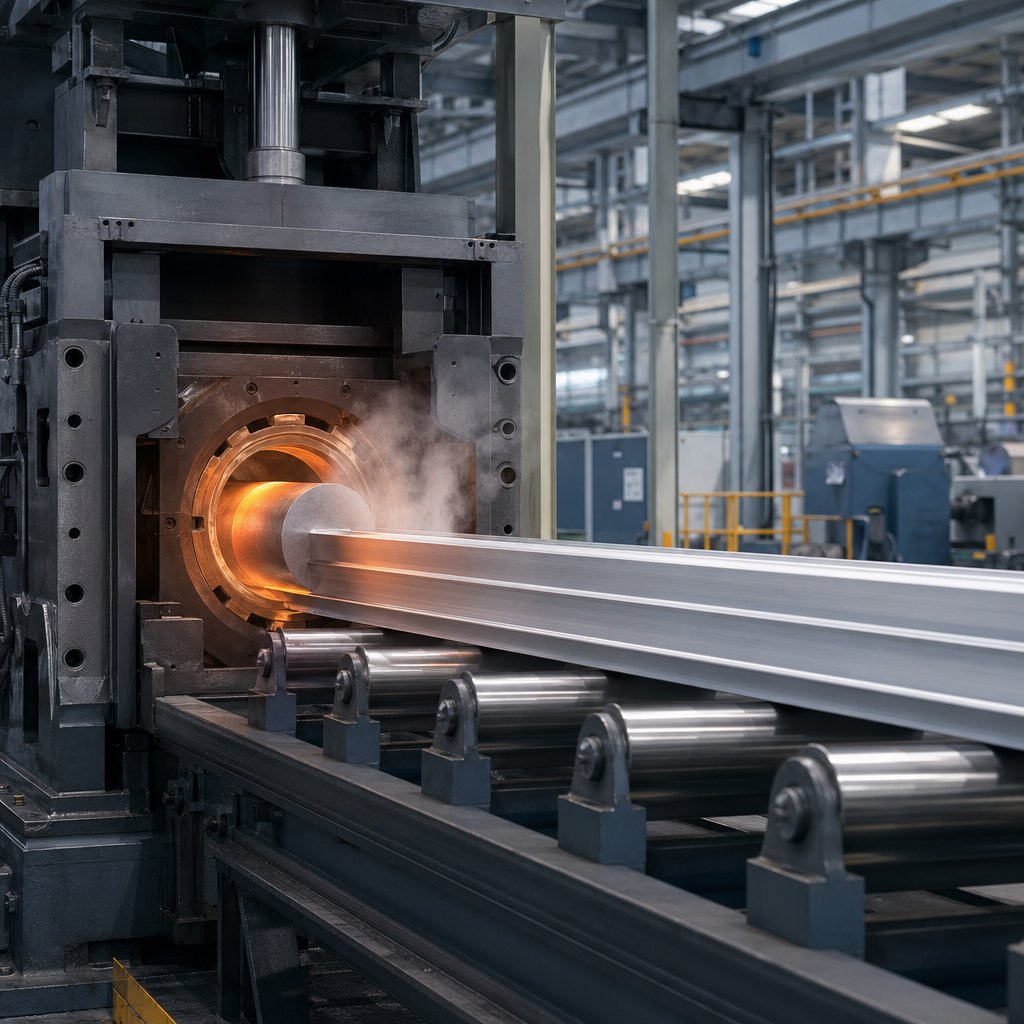 aluminum extrusion press shaping a profile on the production line