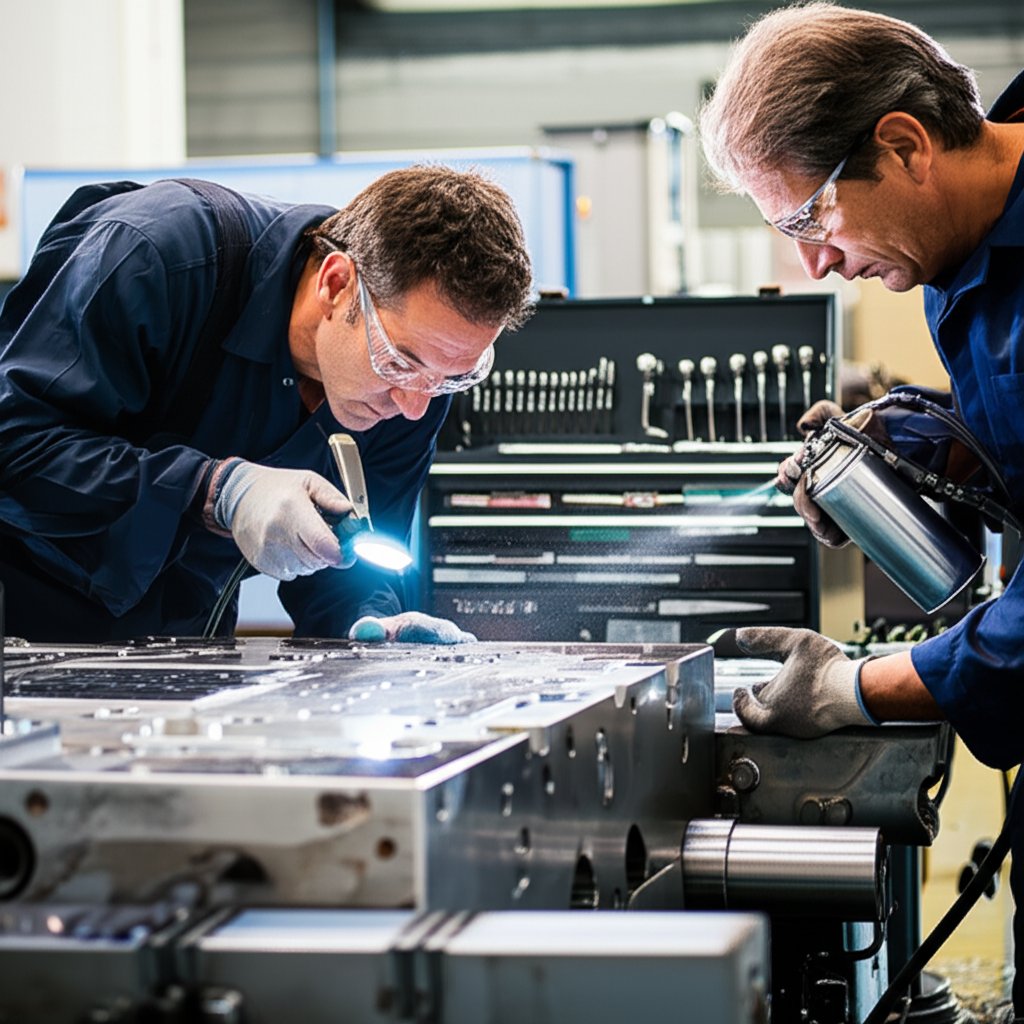 technicians performing maintenance on a die casting tool to extend its lifespan
