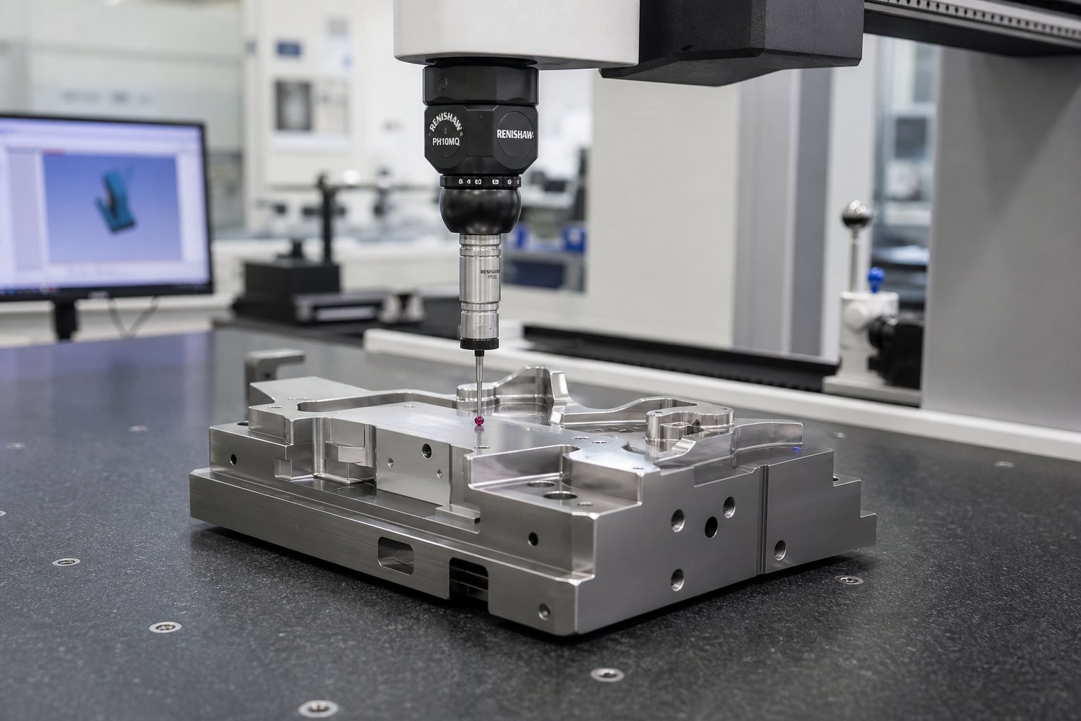 info-1-1 cmm inspection verifying critical dimensions on a finished stamping die component before assembly