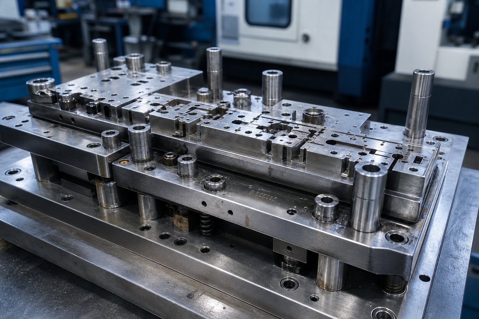 info-1-1 precision metal stamping die assembly showing machined punch and cavity components ready for production use