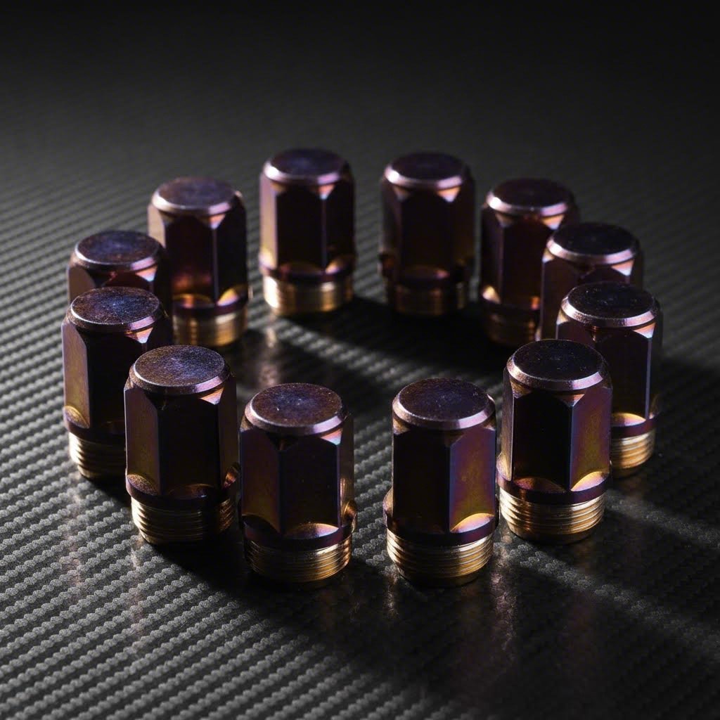 precision hot forged titanium lug nuts featuring distinctive heat treated finish