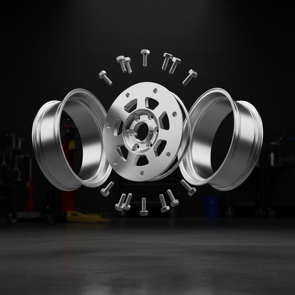 three piece modular wheel assembly showing specialized hardware components