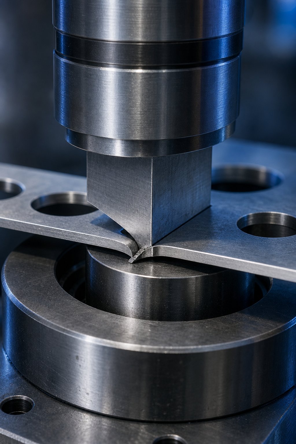 a punch engaging a die button during sheet metal cutting where clearance between the two edges determines cut quality and tool life
