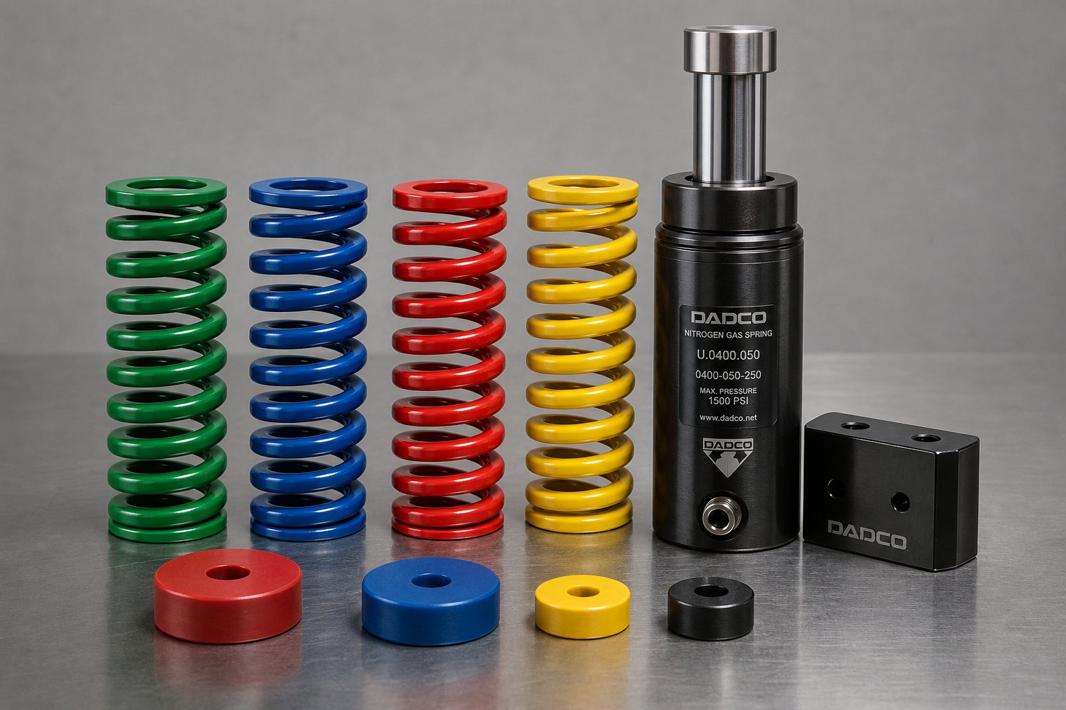 color coded die springs a nitrogen gas cylinder and urethane pads %E2%80%94 each type delivering different force characteristics for stamping die applications