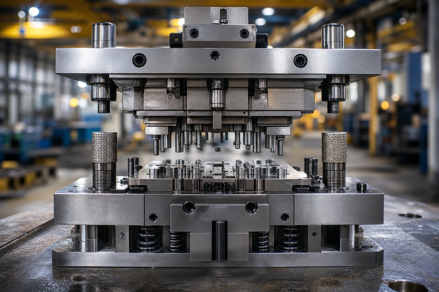 cross section of a stamping die assembly showing how structural cutting and spring components align between upper and lower die shoes