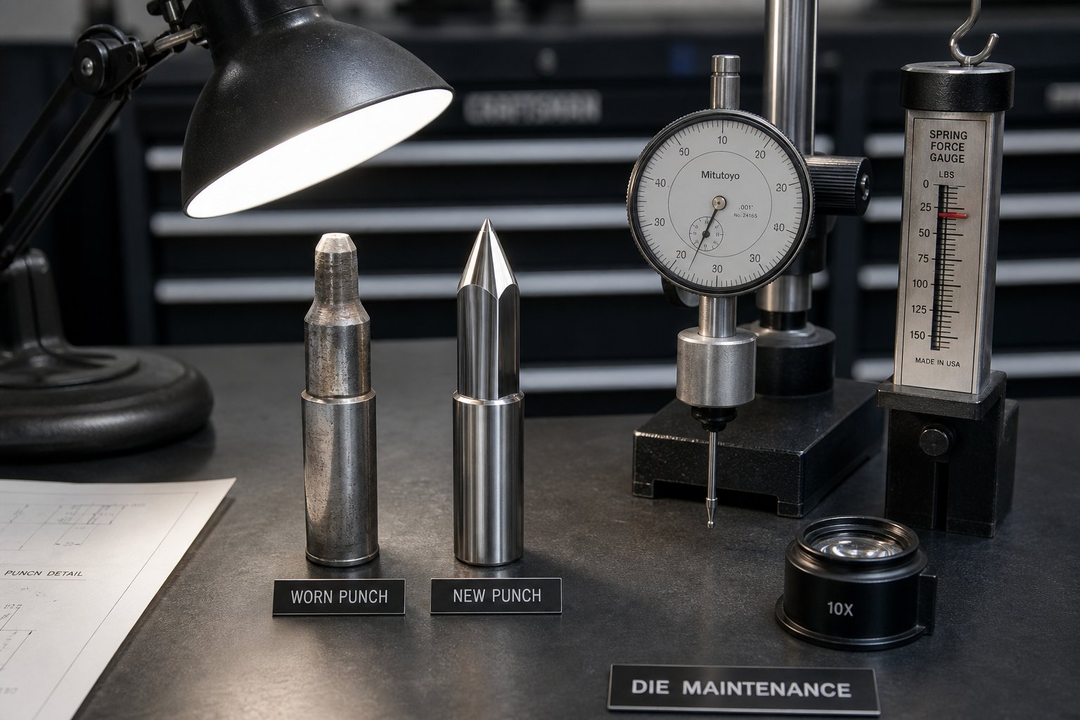 worn and freshly resharpened punches side by side illustrating how edge degradation signals the need for scheduled die maintenance