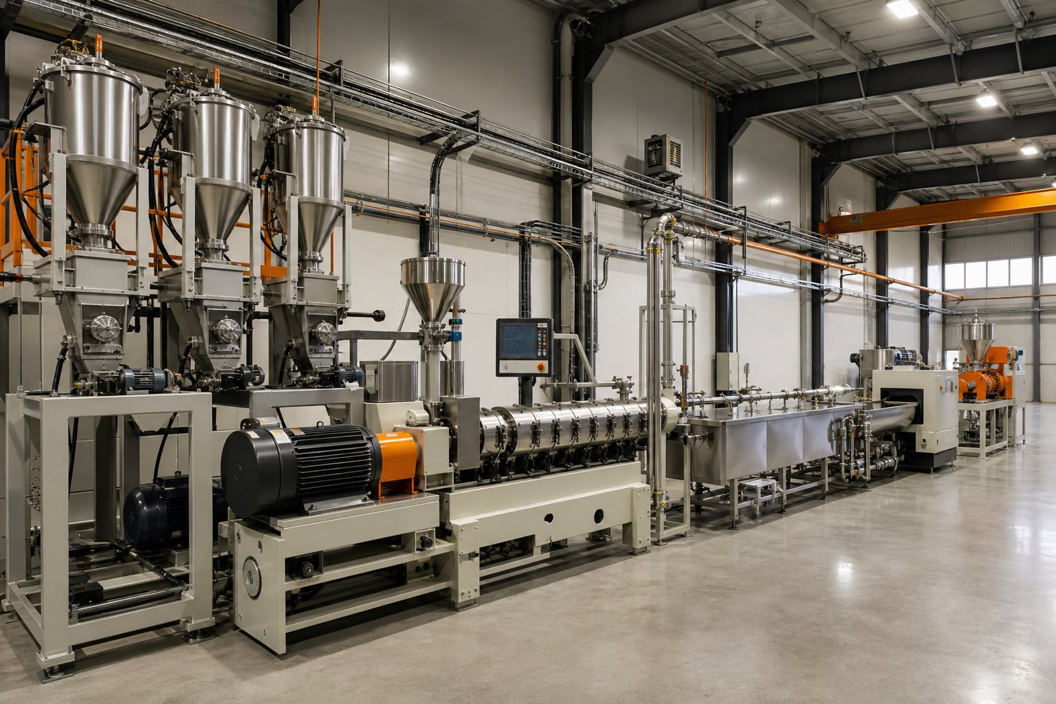 complete twin screw extrusion line from feeders through the extruder barrel to downstream pelletizing equipment