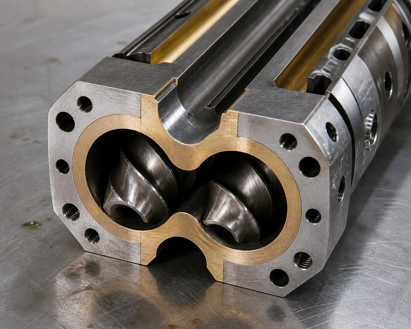 cross section of a twin screw barrel showing figure eight bore profile bimetallic liner and internal cooling channels