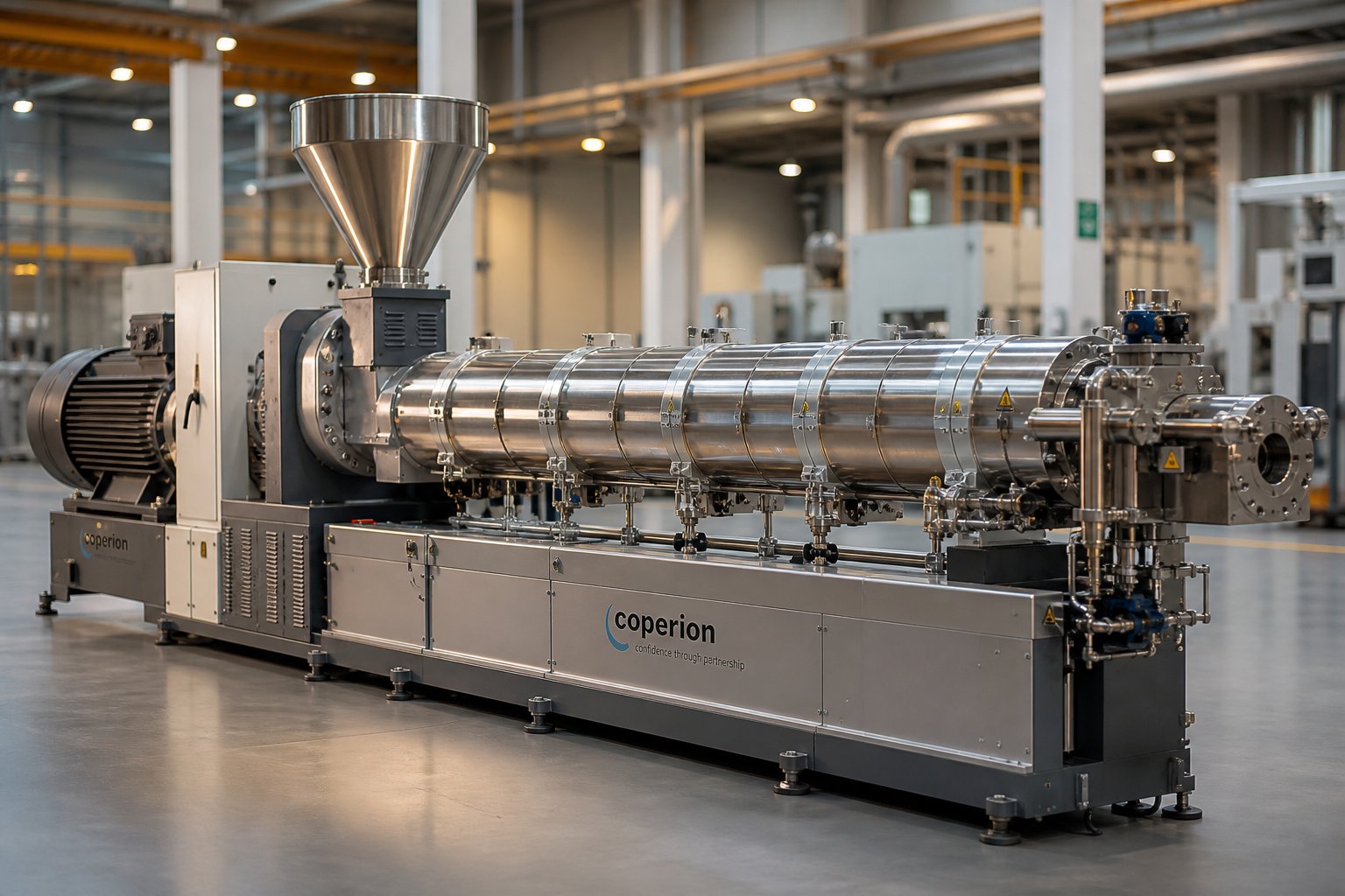 industrial twin screw extruder with modular barrel segments and drive system in a modern compounding facility
