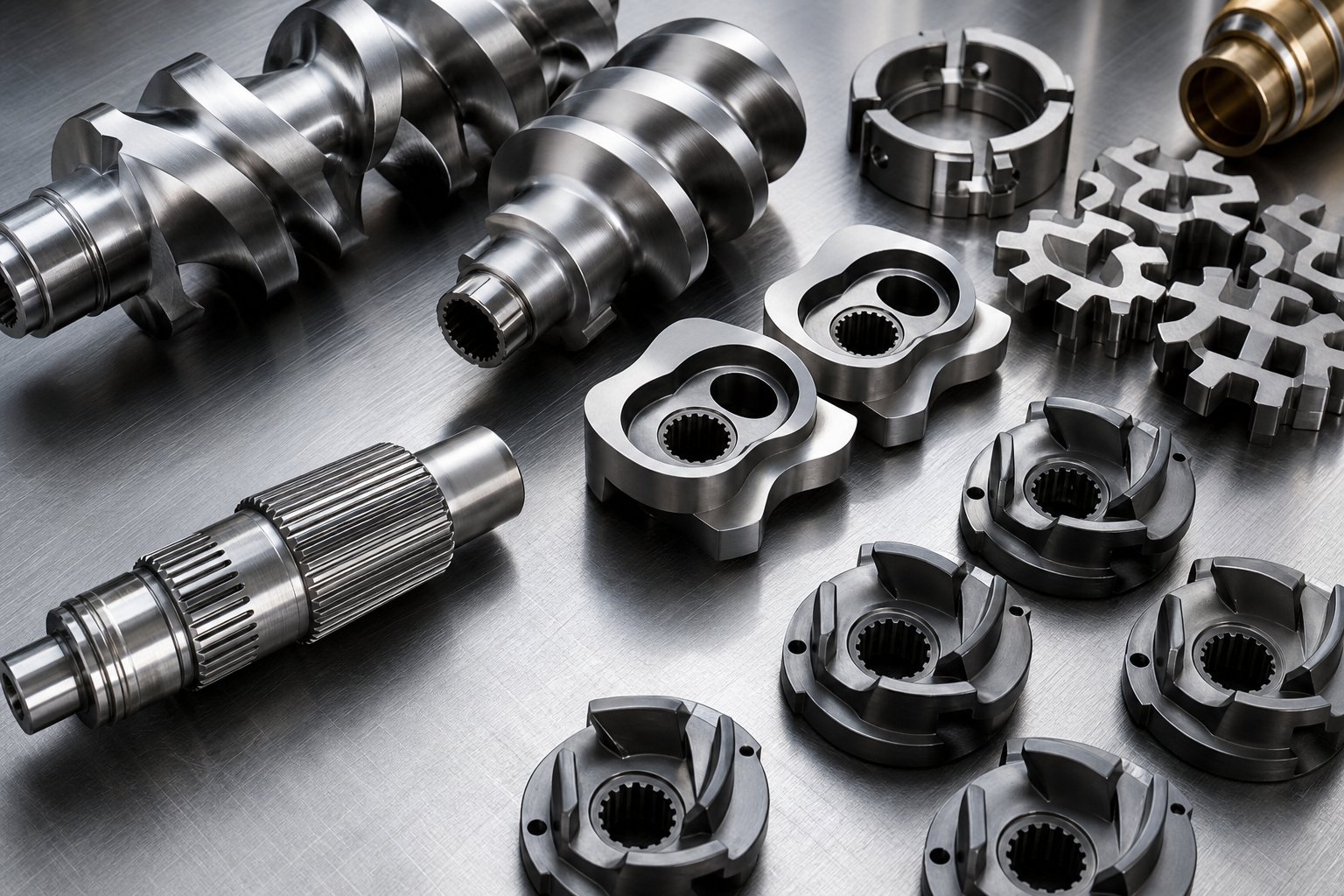 modular twin screw elements including conveying flights kneading blocks and mixing elements on a splined shaft