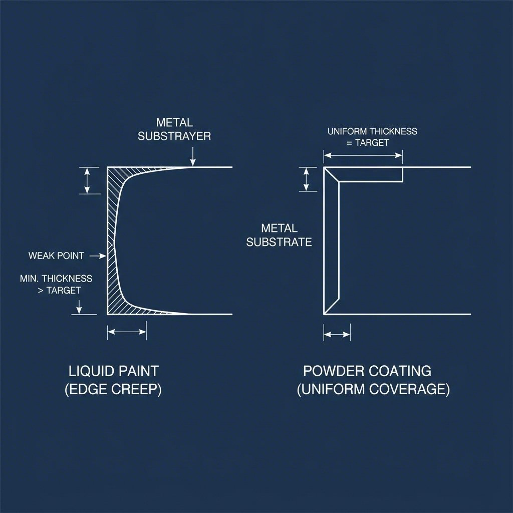 Diagram comparing coating thickness on sharp stamped edges