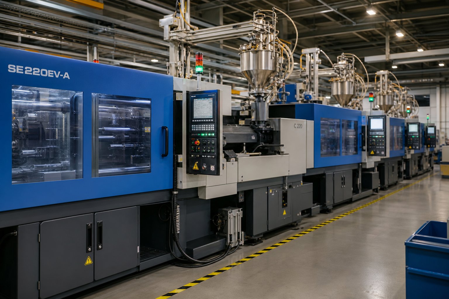 modern plastic machinery manufacturing facility with injection molding equipment on the production floor