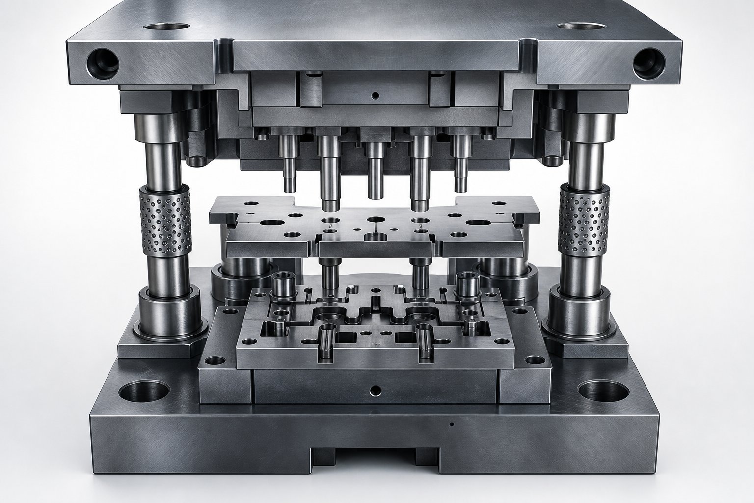 cross section of a stamping die structure showing upper and lower assembly components in aligned position