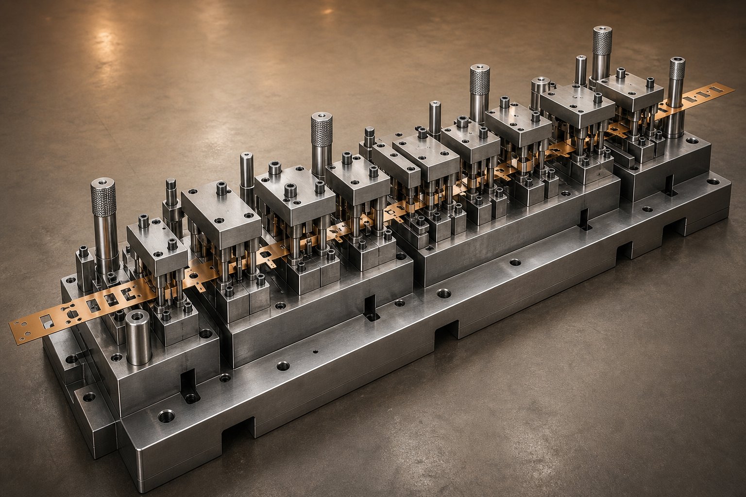 progressive stamping die structure with multiple stations arranged along the strip feed path