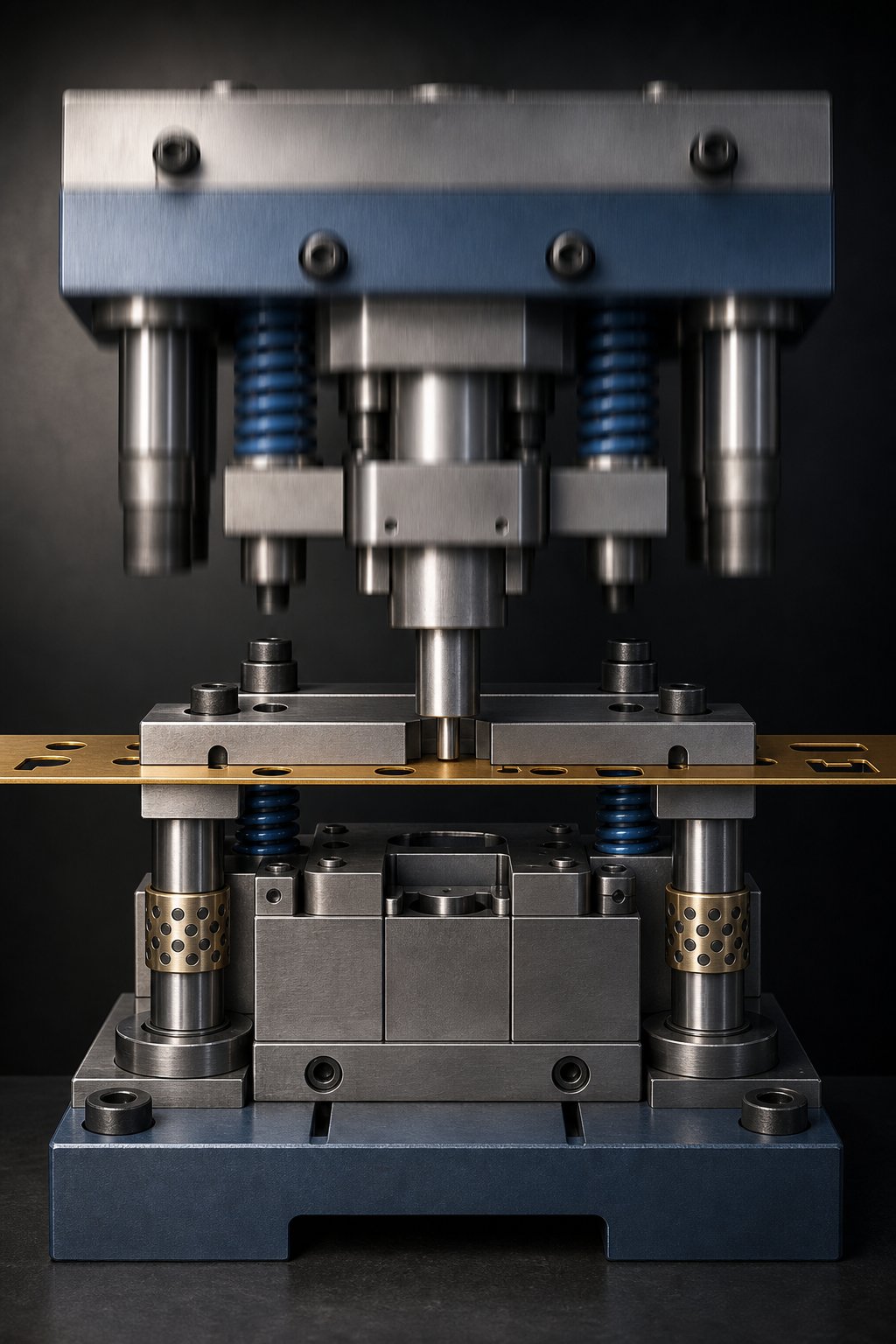 stamping die mid cycle showing guide engagement stripper contact and punch penetration sequence