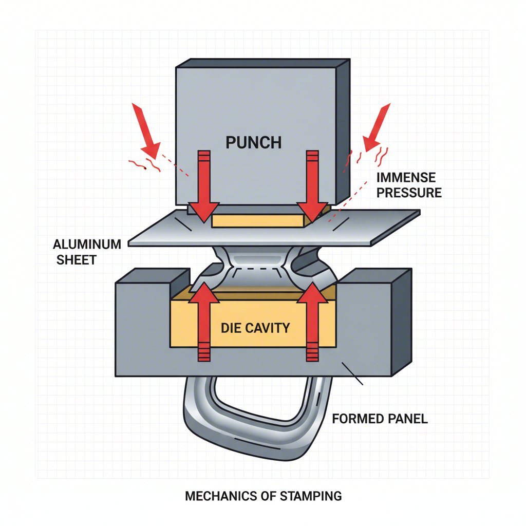 diagram illustrating the fundamental process of aluminum stamping with a die
