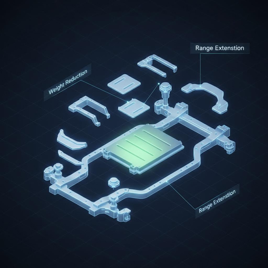 Exploded view of EV chassis highlighting stamped aluminum components for range extension