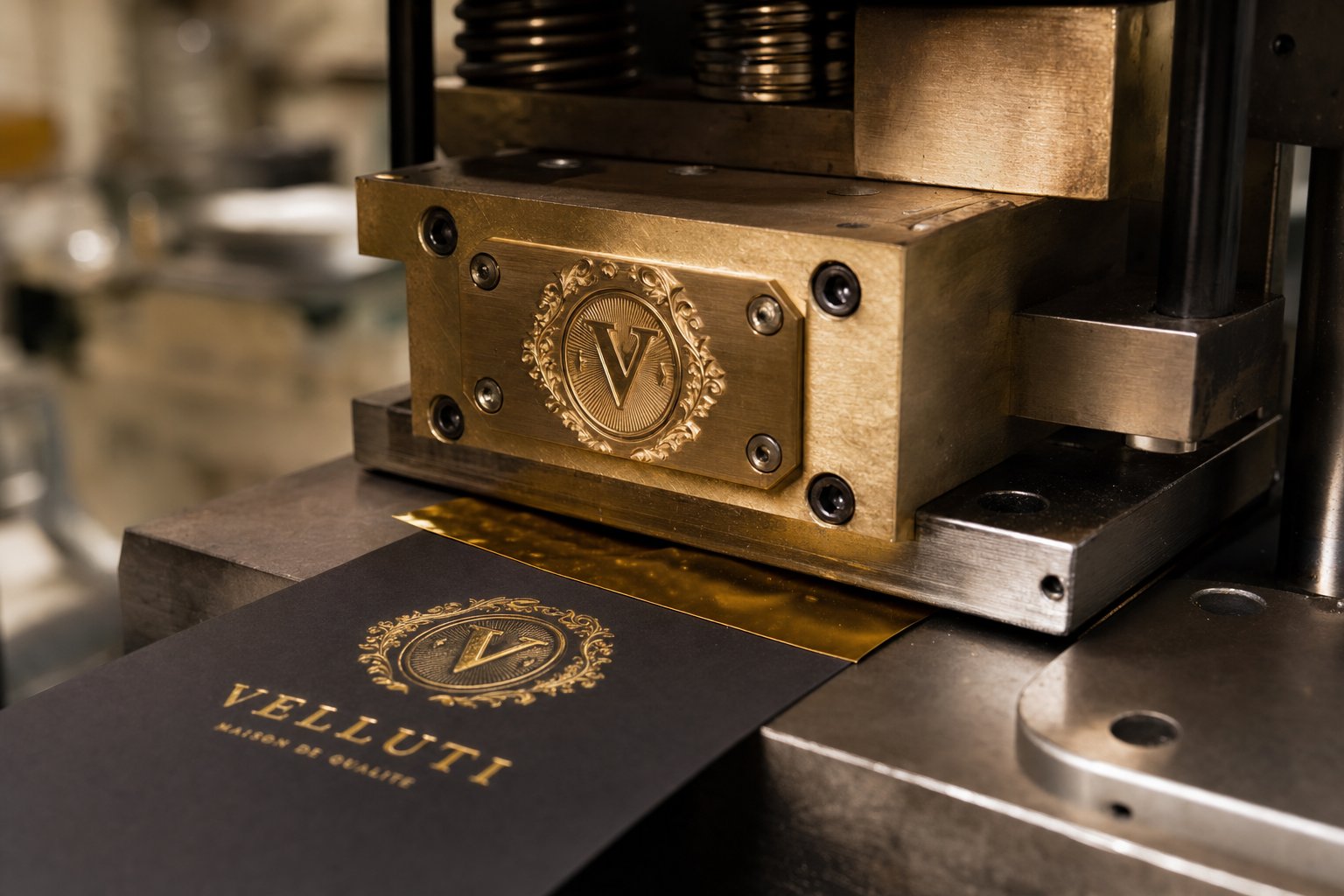 info-1-1 a brass hot stamping die mounted in a press ready to transfer metallic foil onto packaging board under heat and pressure