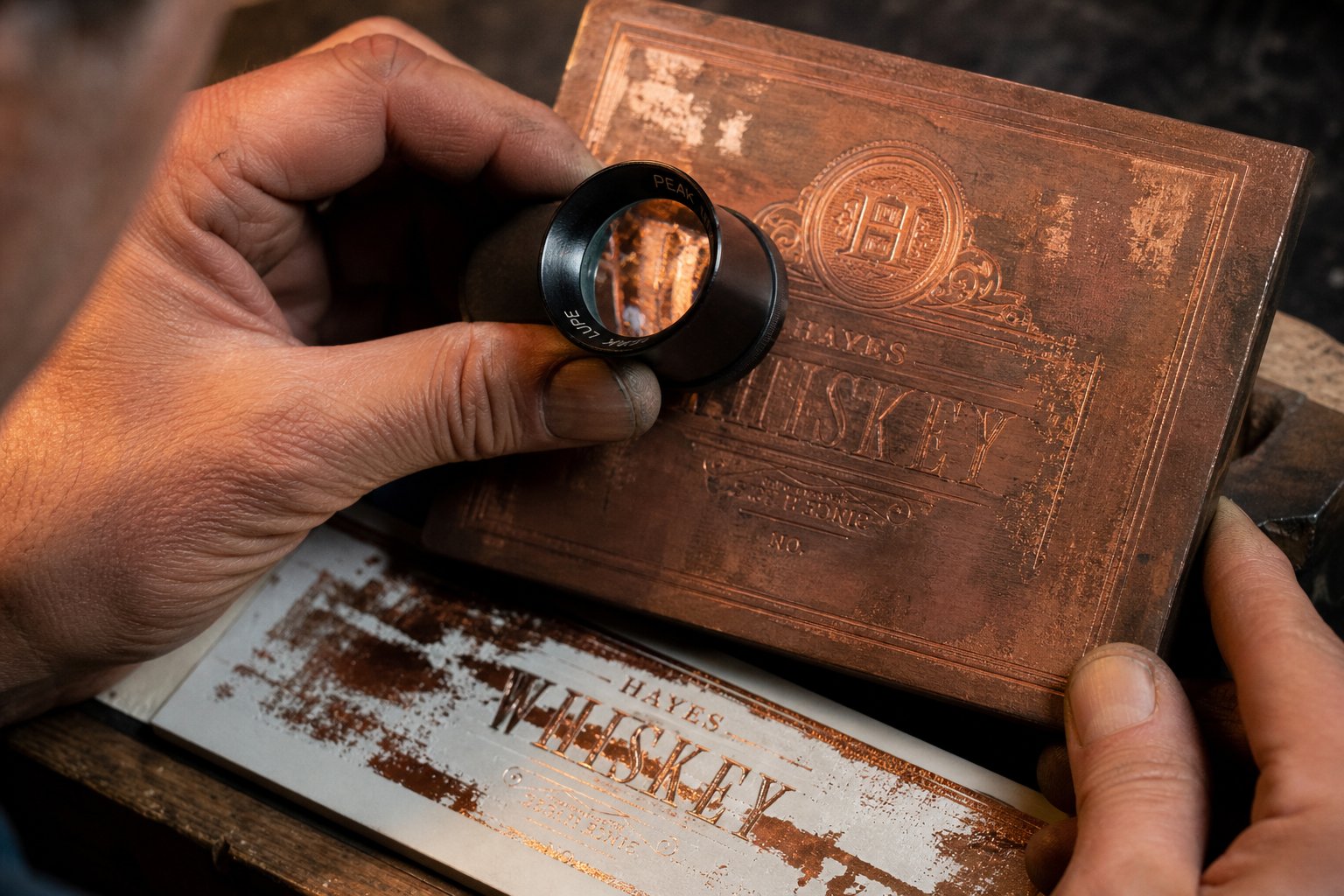 info-1-1 inspecting a hot stamping die under magnification to diagnose uneven foil transfer and identify wear patterns