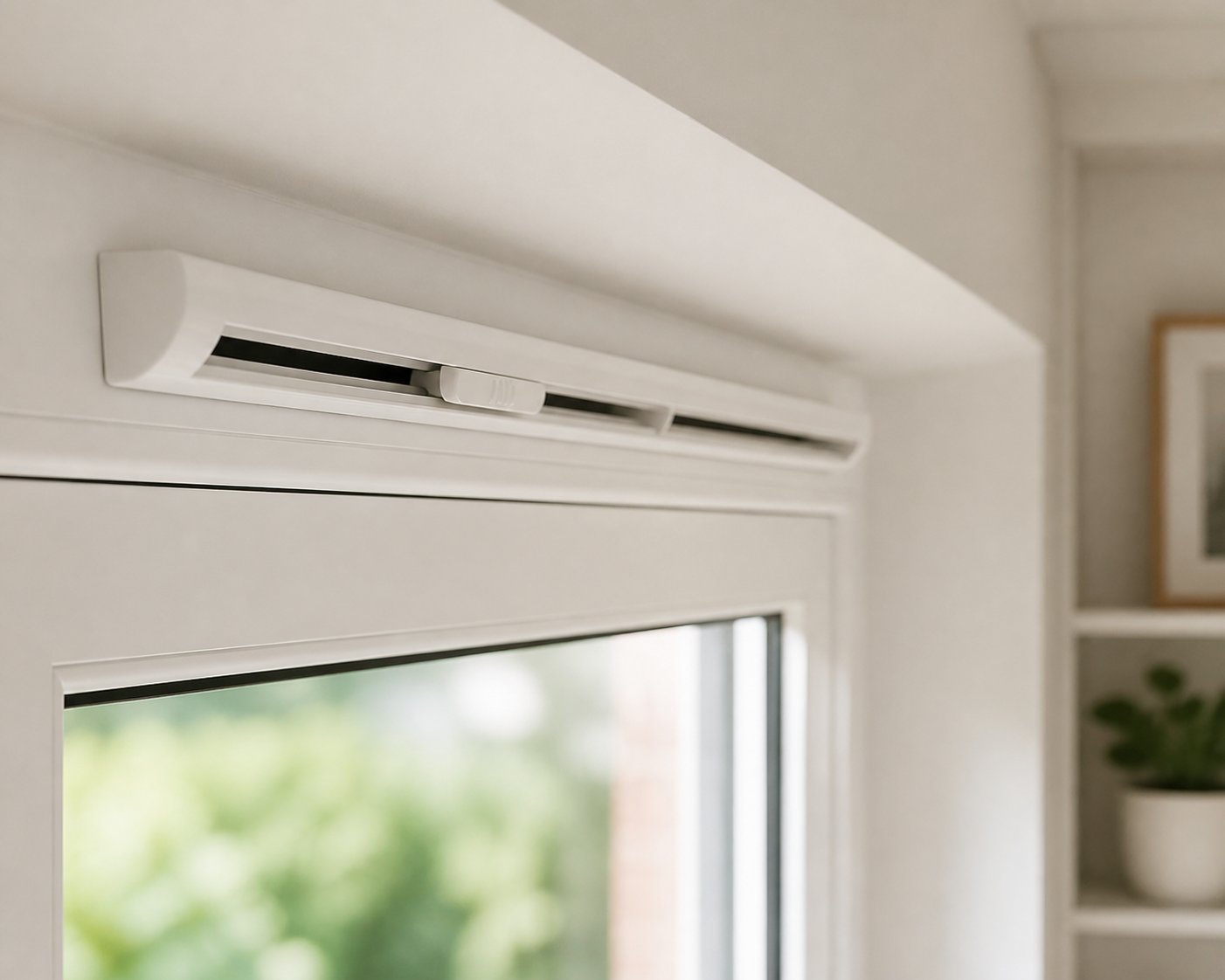 a trickle vent fitted into the head of a upvc window frame provides controlled background airflow while the window stays locked