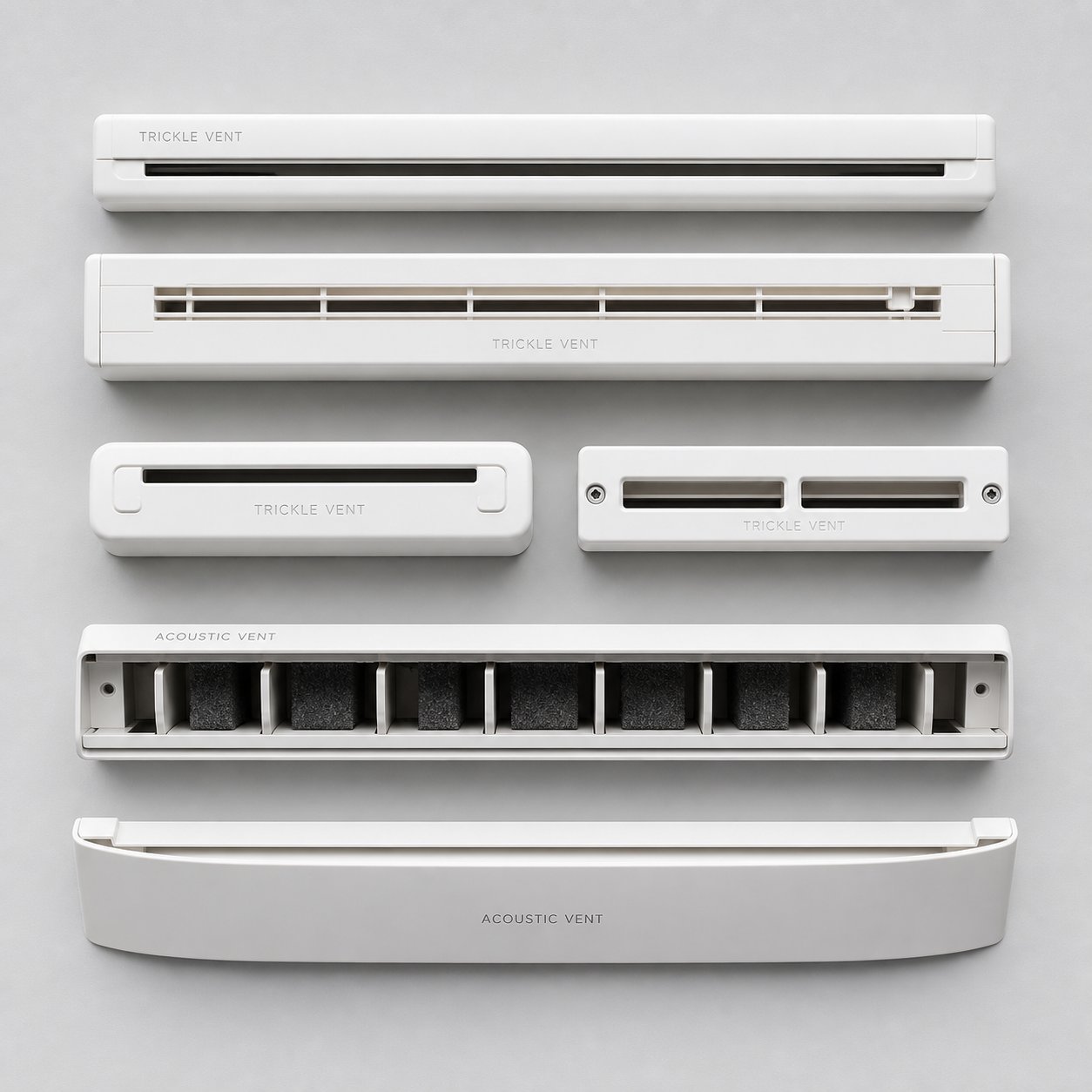 standard slot vents and acoustic trickle vents differ in internal design affecting both airflow capacity and noise reduction