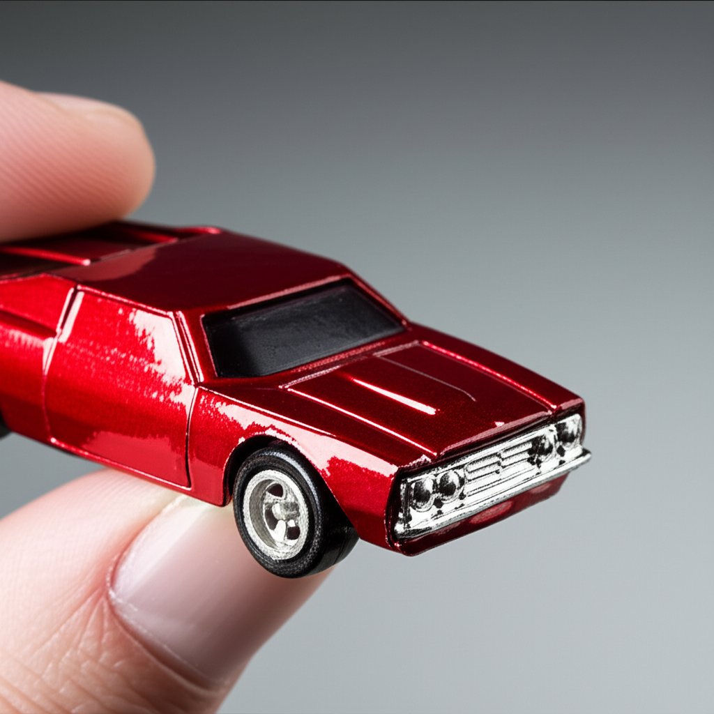 inspecting a die cast toy car for quality and detail