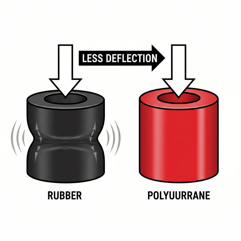 a diagram comparing the flexibility of a rubber bushing versus the rigidity of a polyurethane bushing