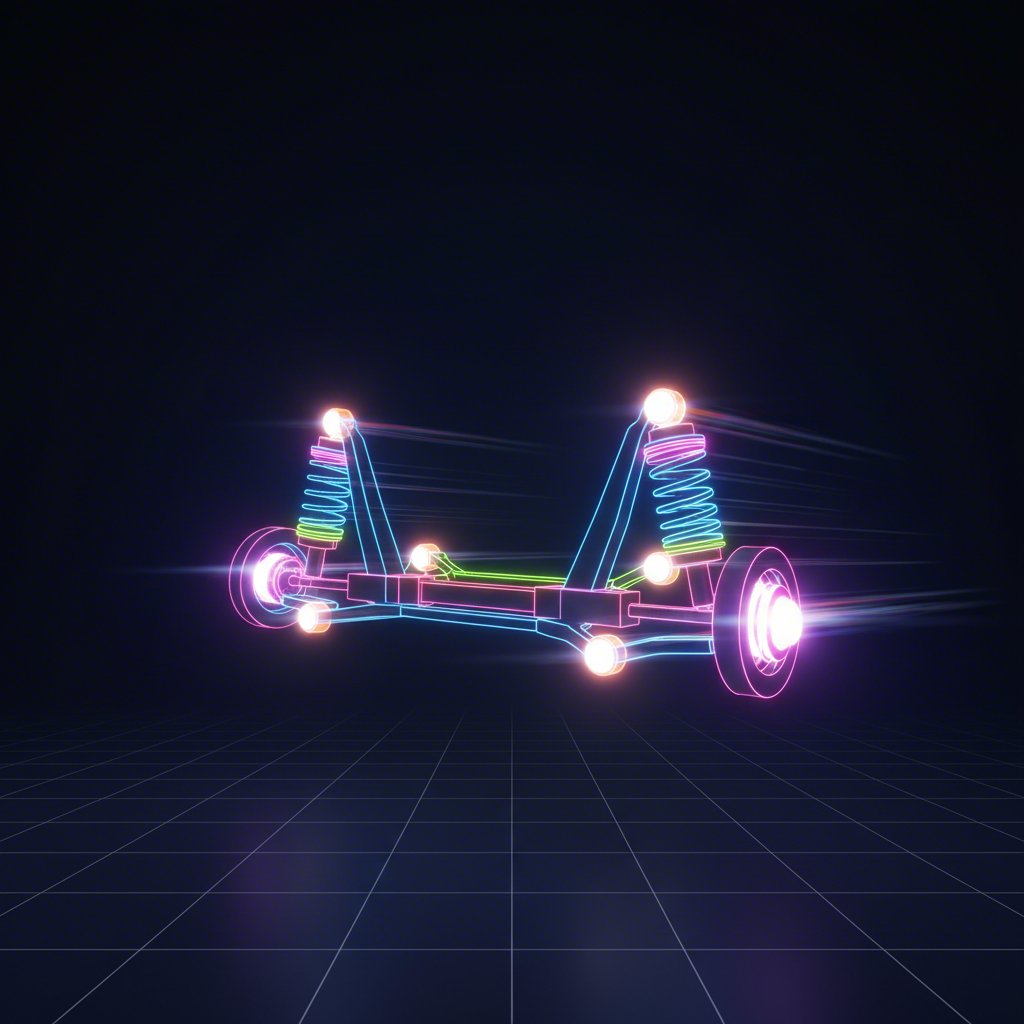 an abstract visualization of a vehicles suspension system and control arm bushing pivot points