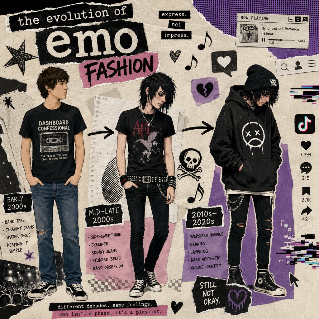 emo fashion evolved from stripped down punk basics to iconic 2000s eyeliner and skinny jeans to modern normcore revival style