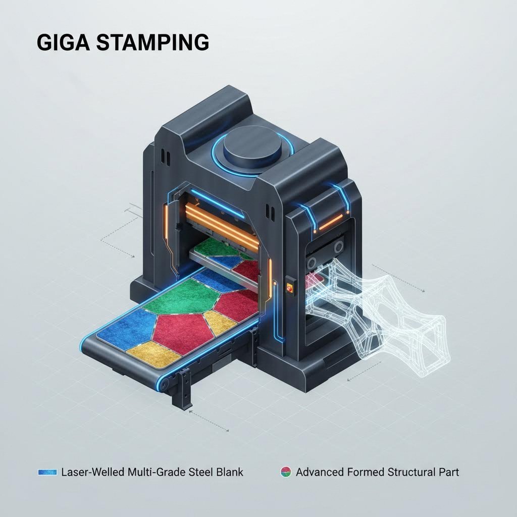 Concept of Giga Stamping using laser welded blanks for single piece structural integration