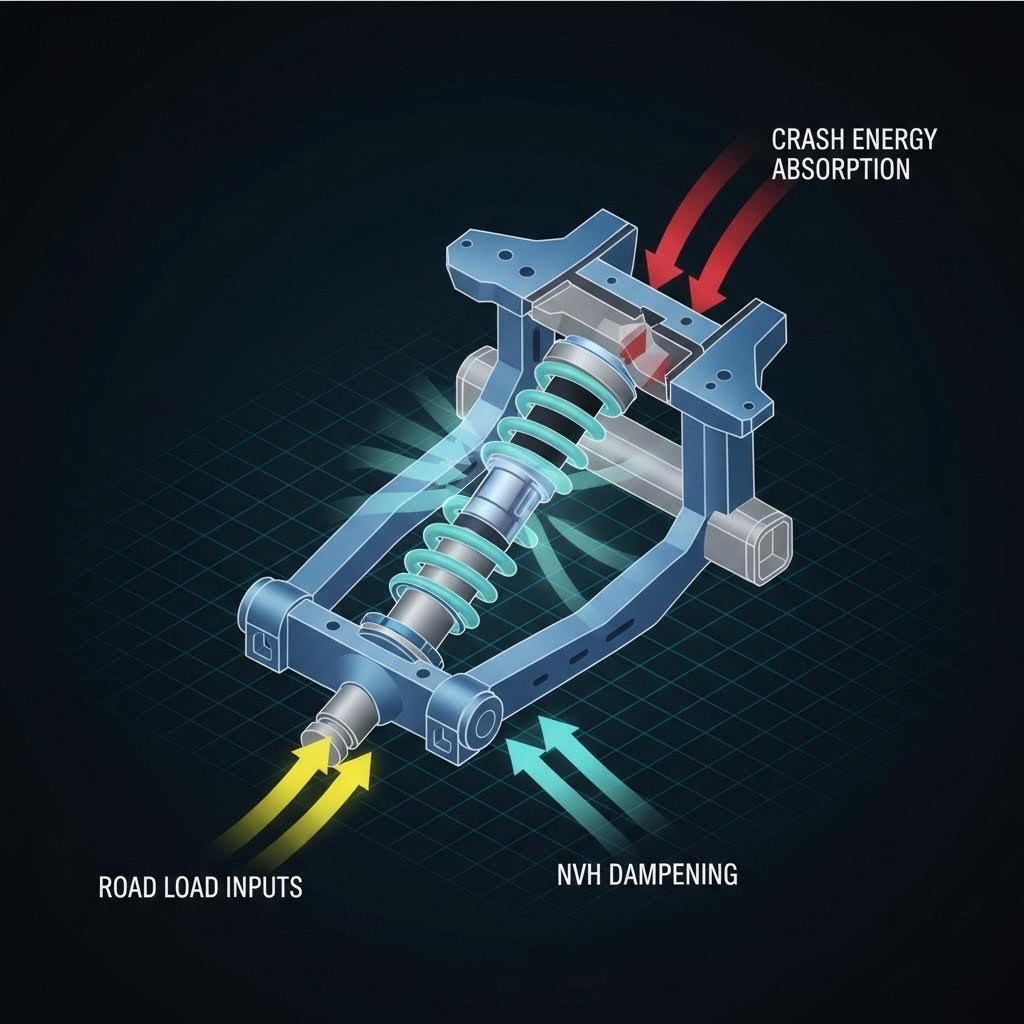 Diagram showing critical forces and loads absorbed by an automotive shock tower