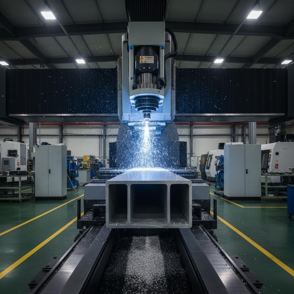 cnc machining center adding precision cutouts and features to extruded aluminum enclosure profiles