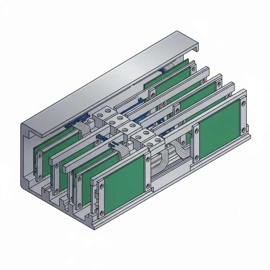 internal view of aluminum enclosure with integrated card guides for secure pcb installation