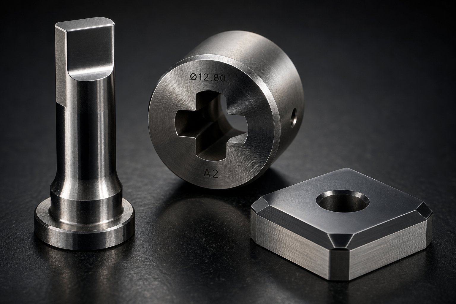 info-1-1 hardened tool steel die components showing precision ground surfaces and polished cutting edges