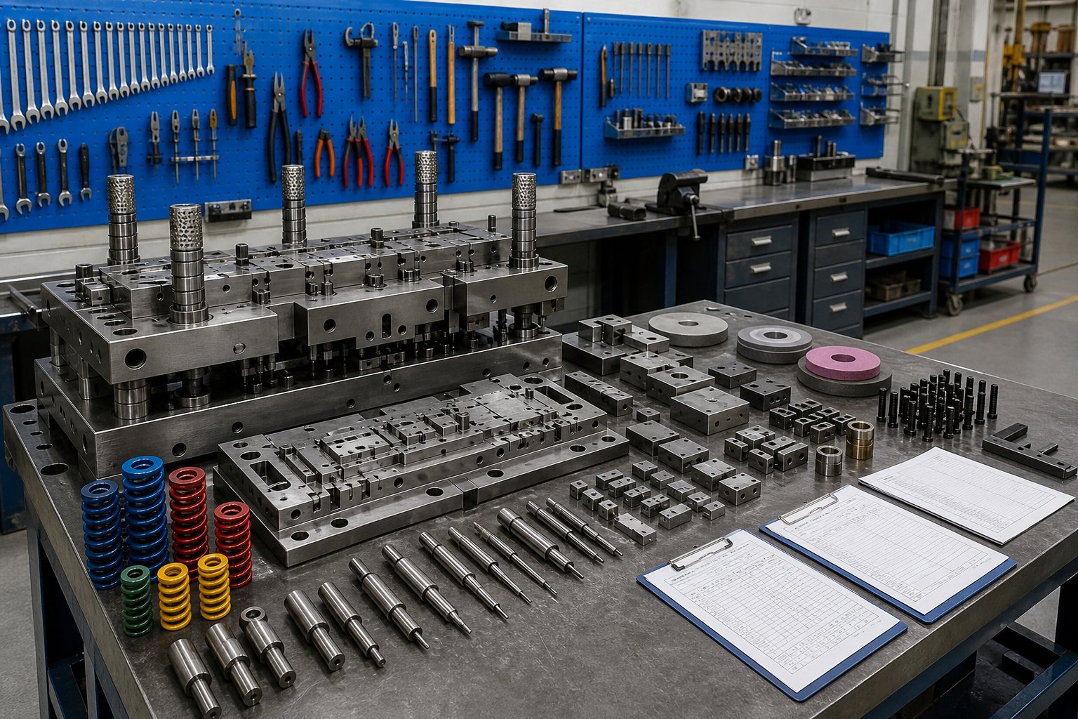 info-1-1 organized die maintenance station with replacement components and documentation for scheduled preventive service