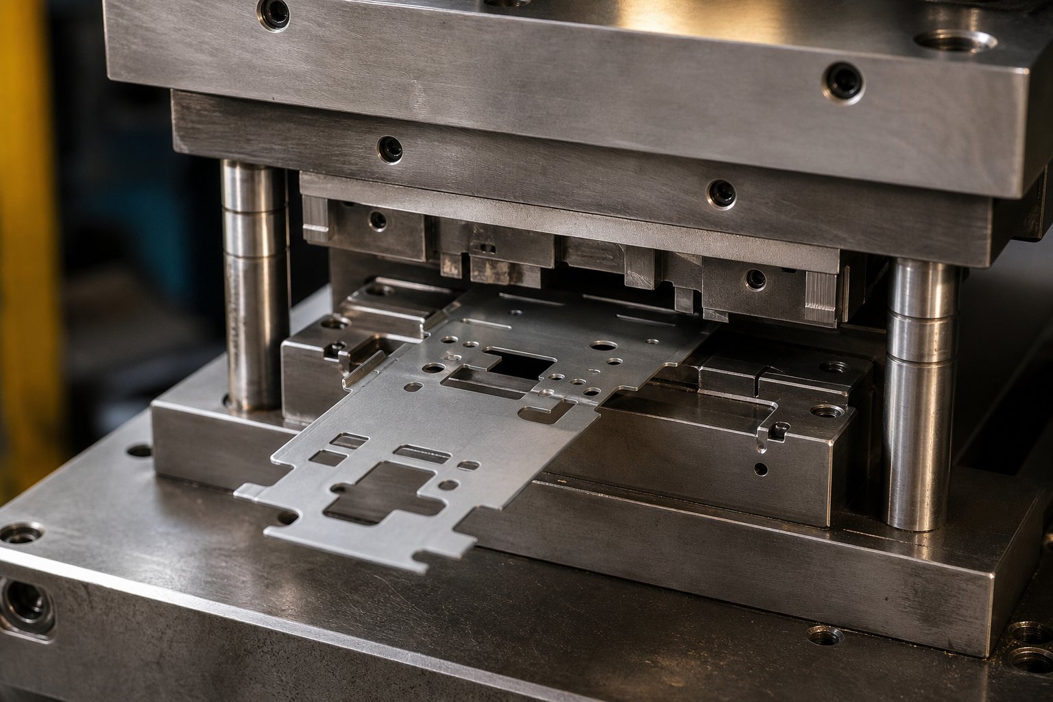 info-1-1 precision metal stamping die installed in a mechanical press showing machined tool steel components ready for production