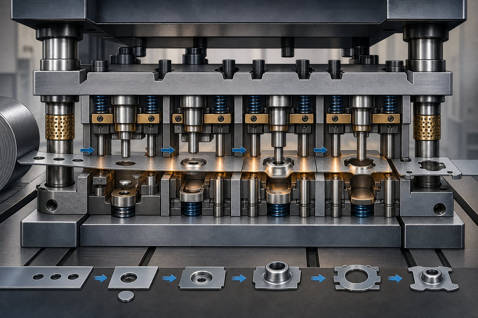 info-1-1 progressive stamping die cross section showing multiple stations processing a metal strip sequentially