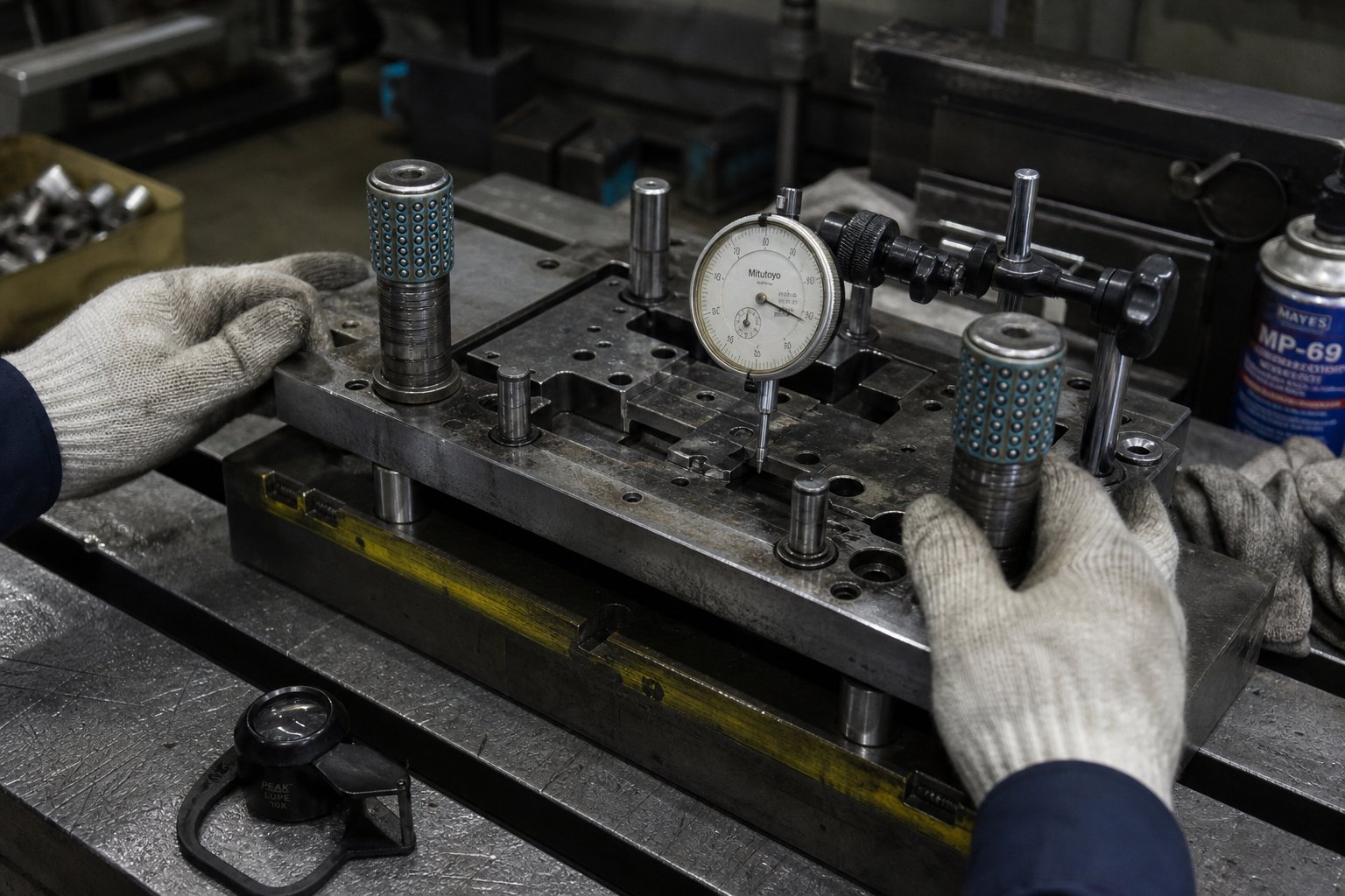 info-1-1 technician inspecting a used stamping die for wear alignment and component condition before purchase
