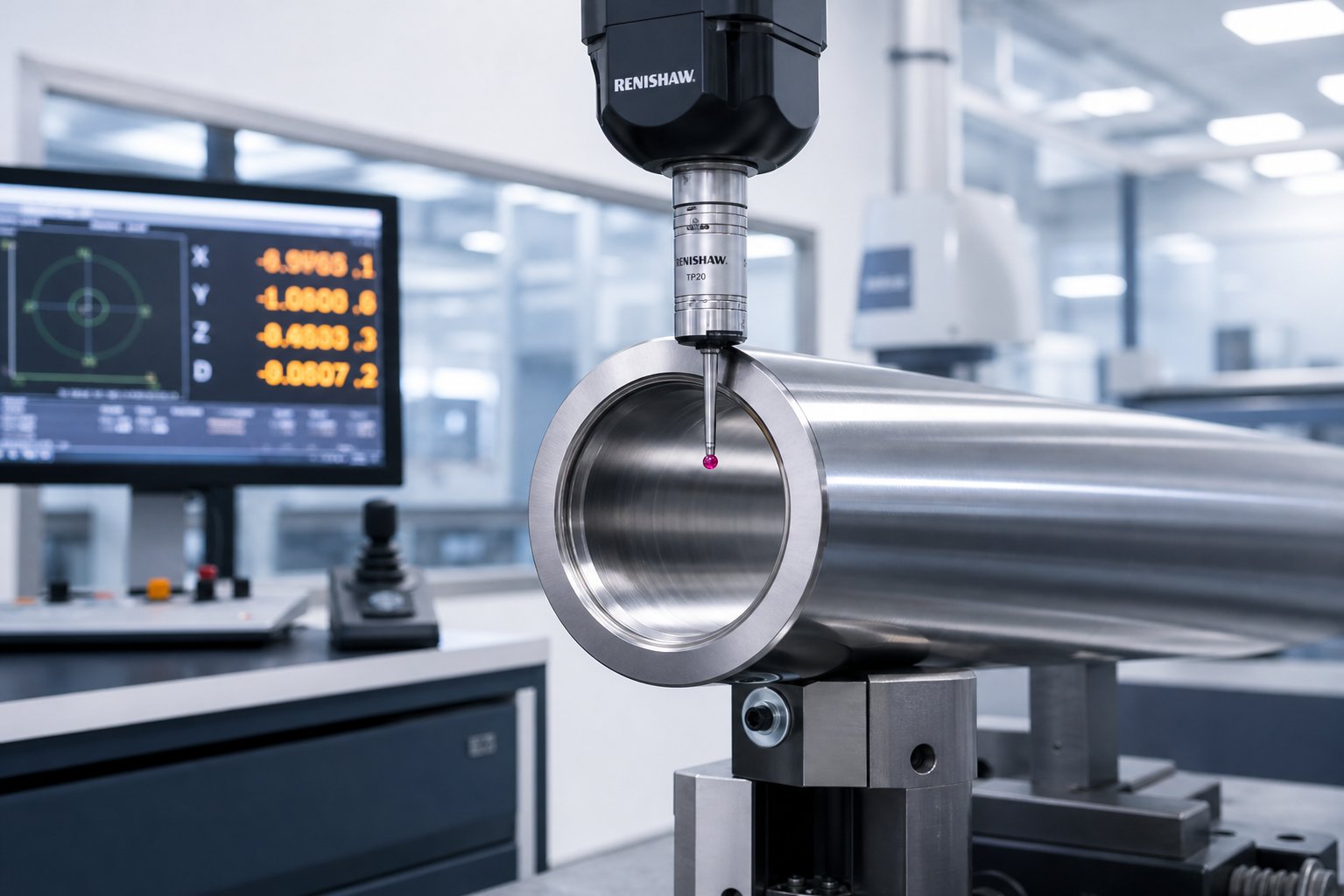 advanced coordinate measuring machine performing precision bore inspection on a finished barrel