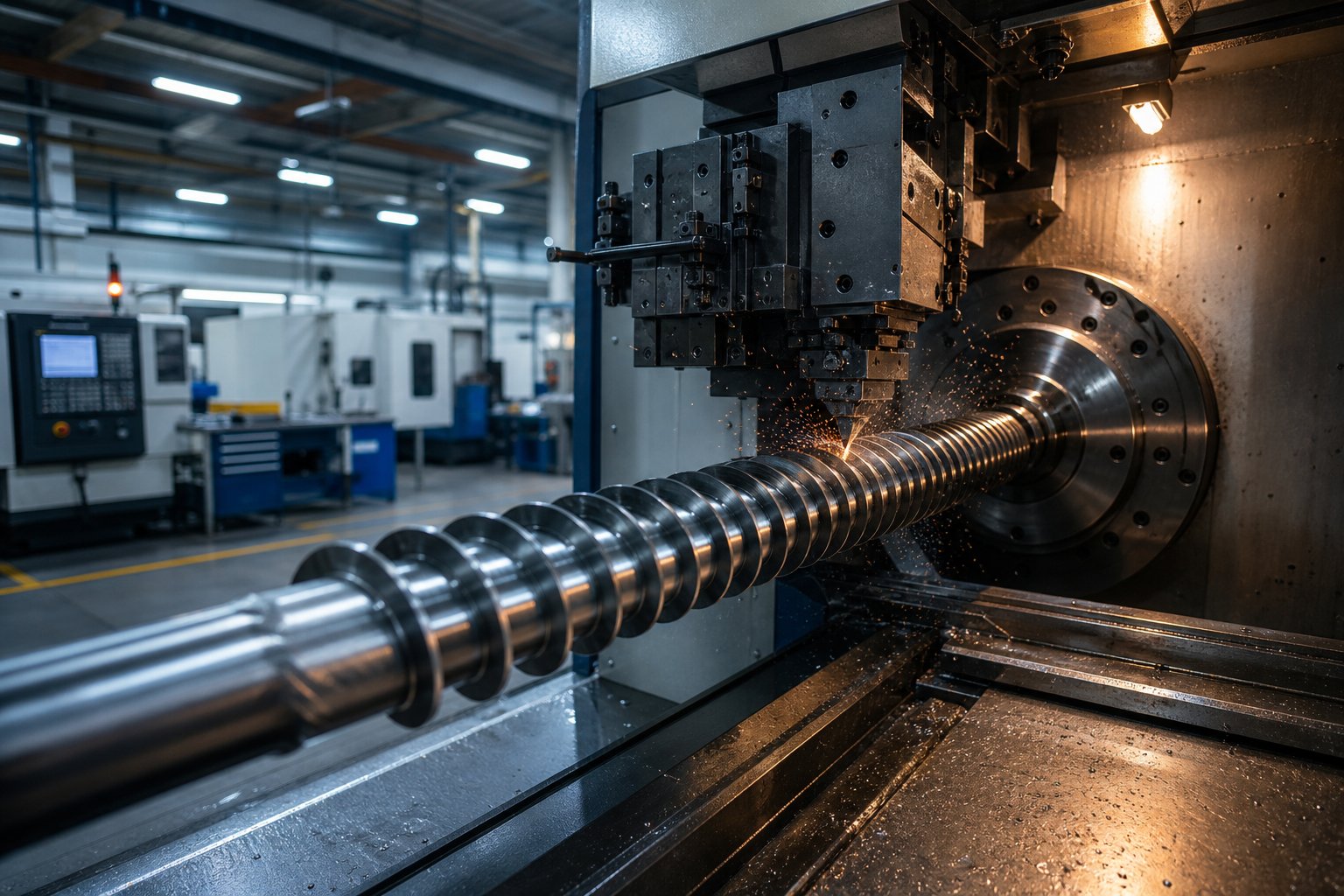 cnc precision machining of a screw barrel component in a modern manufacturing facility