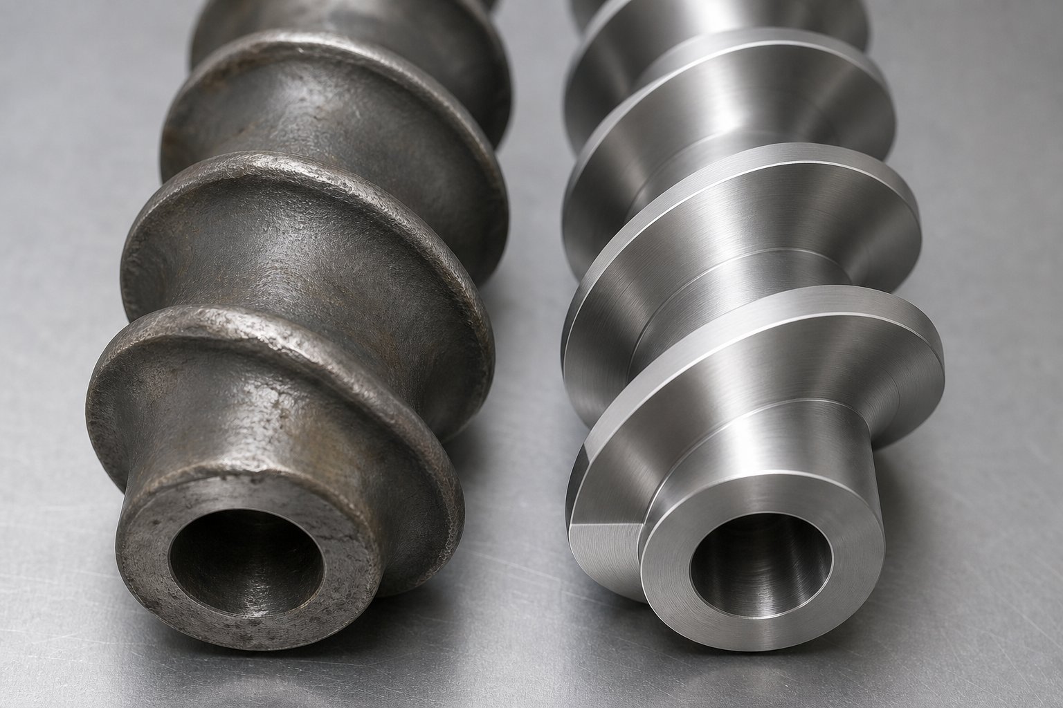 comparison of worn and new screw flight surfaces illustrating the impact of wear on component geometry